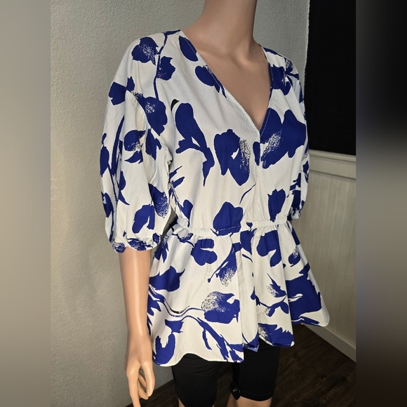 Jason Wu White/ Blue  Puff Sleeve Peplum Top Size 8 V-Neck - Picture 10 of 11